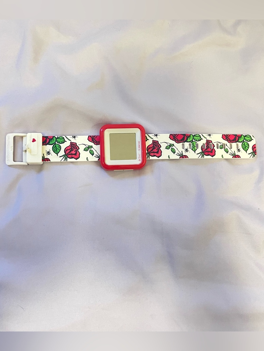 Betsey Johnson White Floral Rose Print Digital Watch with Pink/Red Bezel